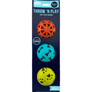 Pawsitively Fun Throw-N-Play pelotas x3 perfume Vanilla (Rojo/Turquesa/Verde)